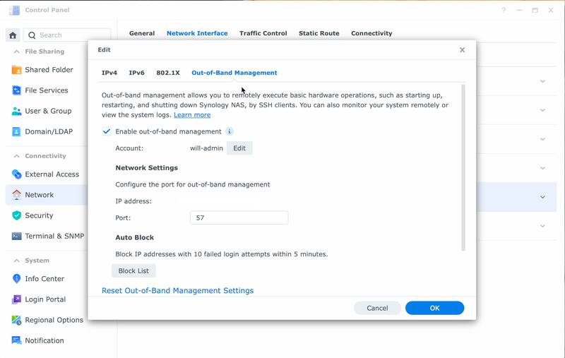 Image showing the out of band management settings