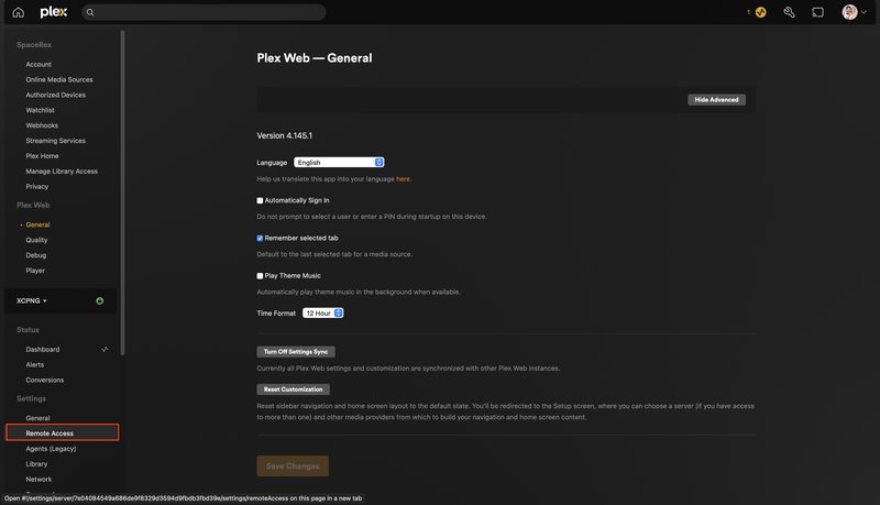 Plex showing where to input settings to get to remote access