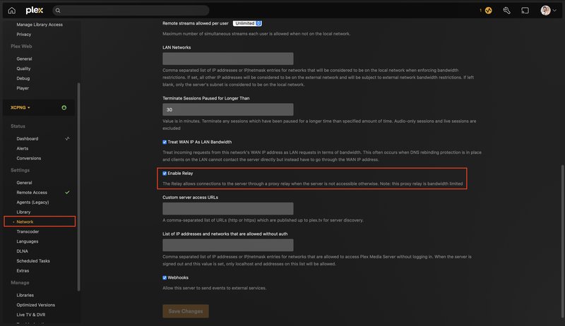 Screenshot showing how to enable the plex relay serer